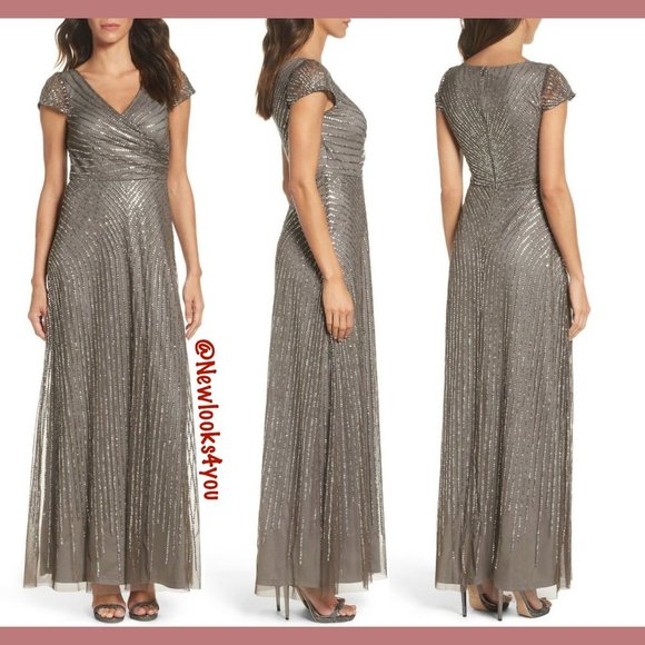 NEW $299 Adrianna Papell Sequin Faux Wrap Gown‎ in Lead [SZ 14 ] - Picture 1 of 10